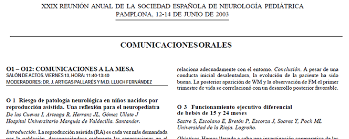 Conference cover image for XXIX Annual Meeting of Sociedad Española de Neurología Pediátrica. Communications