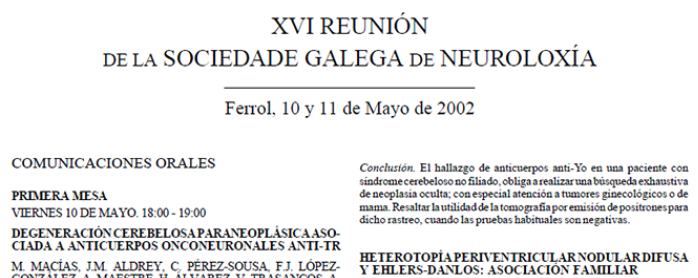 Conference cover image for XVI Reunión Sociedade Galega de Neuroloxía. Communications