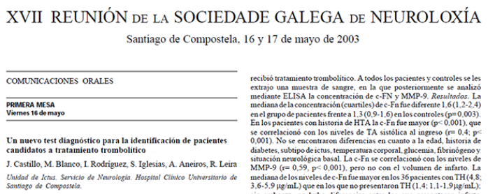 Conference cover image for XVII Reunión Sociedade Galega de Neuroloxía. Communications