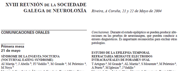 Conference cover image for XVIII Reunión de la Sociedade Galega de Neuroloxía. Communications